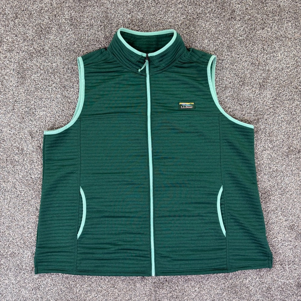 LL Bean Womens 2X Plus Full Zip Ribbed Fleece Vest Green Mock Neck Outdoors
